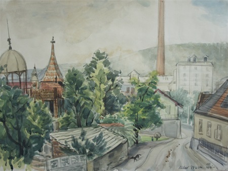 Obraz Libora Noska (pohled od náměstí Sv. Petra a Pavla směrem k Horymírově náměstí, s vilou Šenkovnou a bývalou cementárnou).