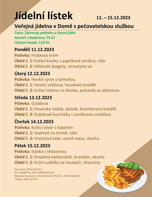 Menu veřejné jídelny v domě s pečovatelskou službou na týden od 11. do 15. prosince 2023.