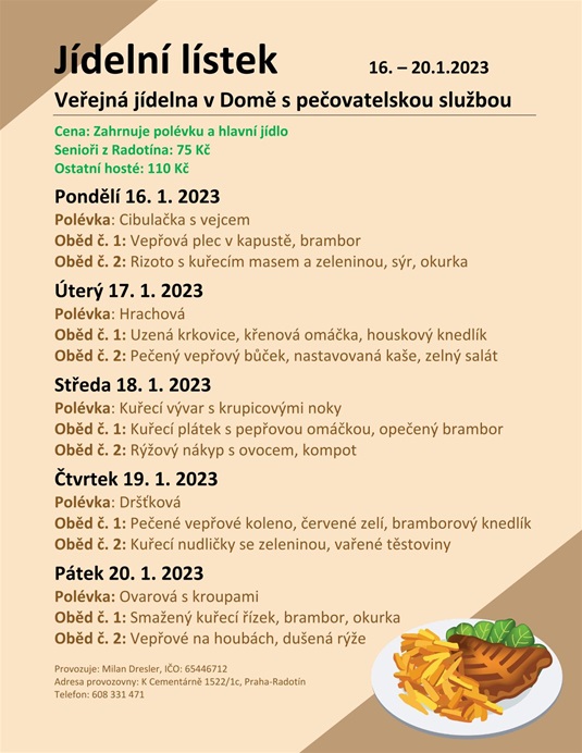 Jídelní menu v domě s pečovatelskou službou, 16. - 20.1.2023